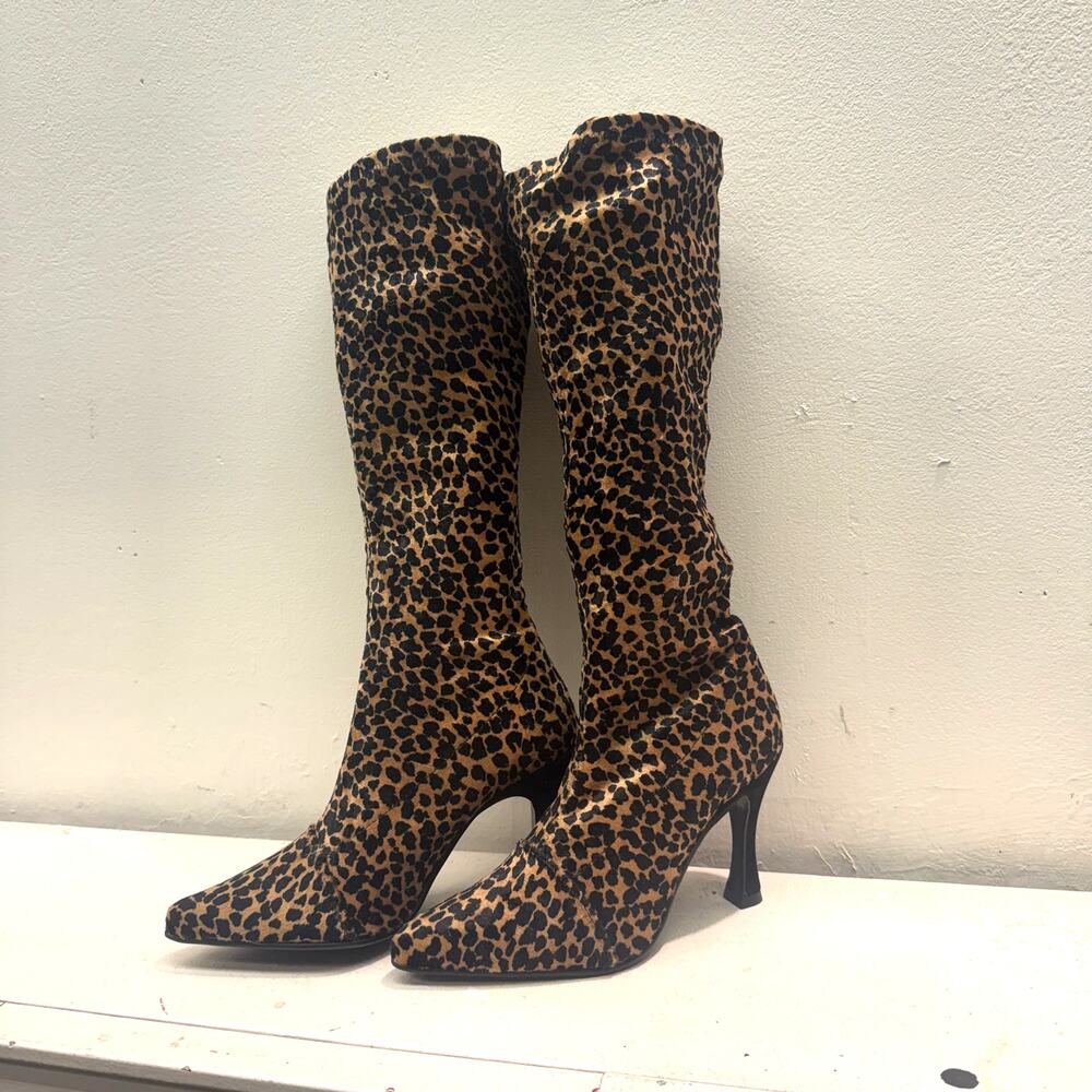 Vintage US 6 UK 4 Leopard Print Velvet Calf High Heeled Boots Made in England